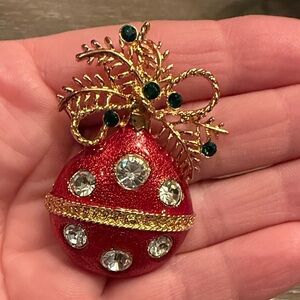 Vintage Christmas ornament on branch brooch rhinestones